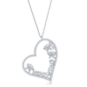 Bella Silver Sterling Silver CZ Heart & Butterflies Necklace - Silver - 16+2 Inch - 1 of 2
