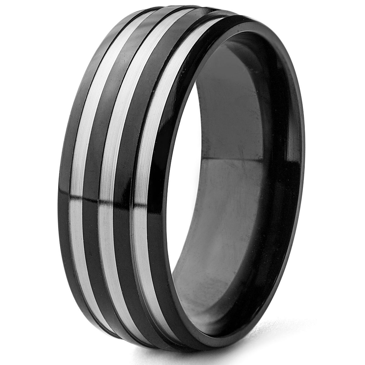 West Coast Jewelry Men's Brushed and Polished Striped Black Plated Titanium Ring