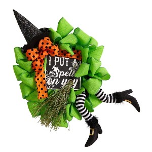 Nearly Natural 26" Halloween Witch Broom and Hat Mesh Wreath - 1 of 4