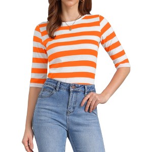 INSPIRE CHIC Women's Elbow Sleeves Boat Slim Fit Casual Stripe Animal Print Multi Floral Pattern T-Shirt - 1 of 4