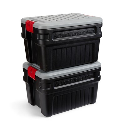 Rubbermaid 35 Gallon Black Action Packer Lockable Latch Indoor and Outdoor  Storage Box Container for Home, Garage, Backyard, (Single)