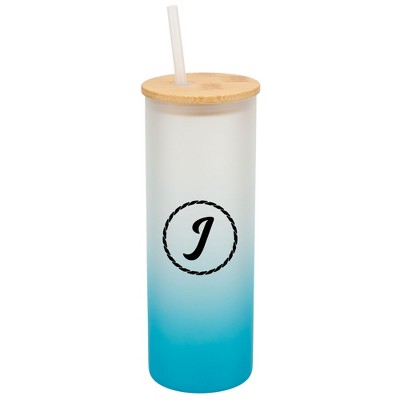Elanze Designs J Monogram Letter Initial Rope Circle Wrap-Around Design 25 Ounce Frosted Gradient Glass On-The-Go Coffee Travel Skinny Tumbler Mug