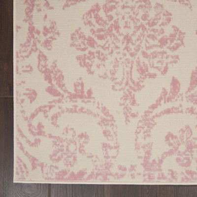 Ivory and Pink Vintage Damask Area Rug