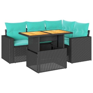 vidaXL 5 Piece Patio Sofa Set with Cushions Black Poly Rattan - Black with Storage - 1 of 4