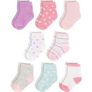 Rising Star Infant Socks for Baby Girls, Crew Ankle Cotton Infant Socks 0-12 months- 8 pack (Pink/Purple) - 1 of 2