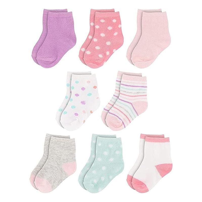 Rising Star Infant Socks for Baby Girls, Crew Ankle Cotton Infant Socks 0-12 months- 8 pack (Pink/Purple), 1 of 3