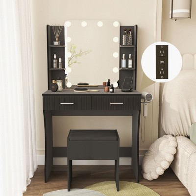 Vanity Desk with LED Lighted Mirror and 3 Adjustable Lights,  Makeup Vanity with Storage Stool, 2 Large Drawers and 4 Open Shelves