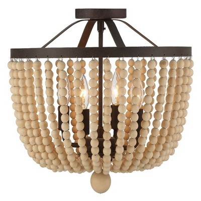 Rylee Forged Bronze 4-Light Semi-Flush Mount with Natural Wood Beads