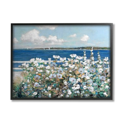 Stupell Industries Beautiful White Flower Bush Seaside Fence Ocean View Framed Giclee Art