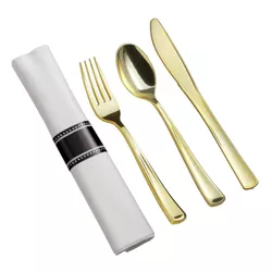 Smarty Had A Party Gold Plastic Cutlery in White Napkin Rolls Set (100 Guests)