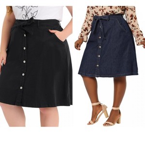 Agnes Orinda Women's Plus Size Tie Waist Button Front Pockets A-Line Midi Denim Skirts - 1 of 4