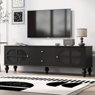 ORRD 68.9" Modern TV Stand for Living Room, Fits TVs up to 75", Entertainment Center with Fluted Glass Doors, 2 Drawers, Solid Wood Legs Black