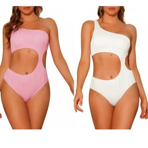 INSPIRE CHIC Women's One Shoulder Asymmetric Waist Cutout Ribbed Swimwear Monokini 1 Piece 2 Sets - 1 of 4