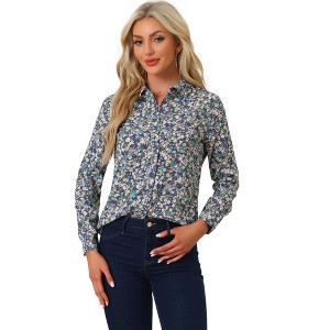 Allegra K Women's Point Collar Long Button Sleeve Button Down Floral Shirt - 1 of 4