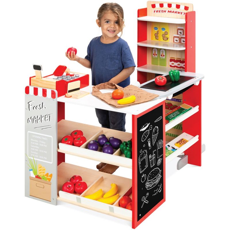 Best Choice Products Kids Pretend Play Grocery Store Wooden Supermarket Set w/ Chalkboard, Cash Register, 1 of 8