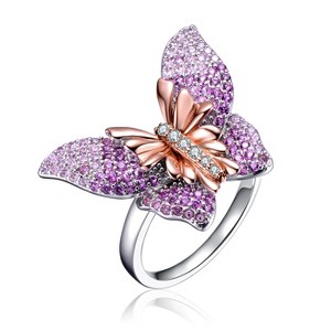 Guili Sterling Silver Rose Gold-Plated Butterfly Ring with Multi-Color Cubic Zirconia for a Vibrant, Timeless Look. Sizes 5-10. - 1 of 3
