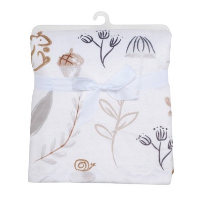 White and Beige Fleece Baby Blanket with Forest Animals