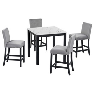 TiramisuBest 5psc Counter Height Dining Table Set with One Faux Marble Top Dining Table and Four Velvet-Upholstered Chairs,Black - 1 of 4