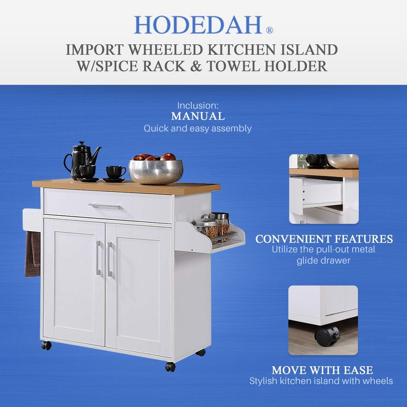 Hodedah Import Portable Kitchen Prep Storage Cart Island with Locking Wheels, Shelved Cabinet, Drawer, Spice Rack, and Towel Holder, Multicolor, 2 of 9