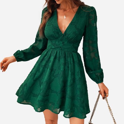 Women's Plunging Long Sleeve A-Line Mini Dress - Cupshe -Green