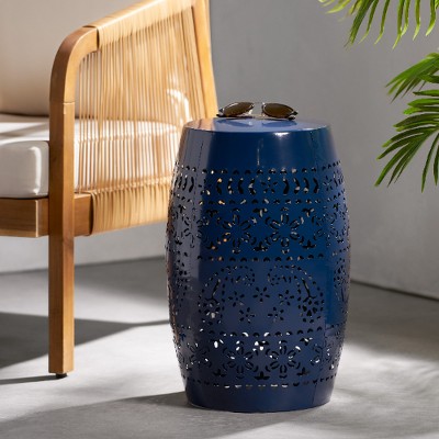 Dark Blue Barrel-Shaped Metal Outdoor End Table with Lace-Cut Design, Accent Table for Patio or Indoors, Patio End Tables -Christopher Knight Home