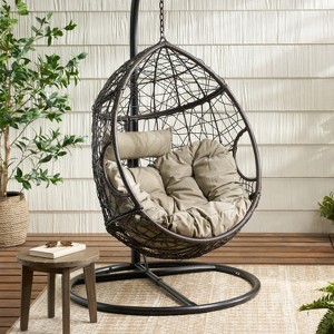 GDFStudio Yosiyah Outdoor Wicker Hanging Basket Chair with Cushions (NO STAND) - 1 of 4