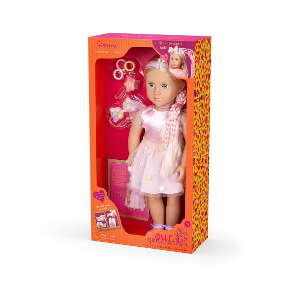Muñeca Our Generation Amara 18" con cabello que crece, clips para el cabello y libro de peinados 8