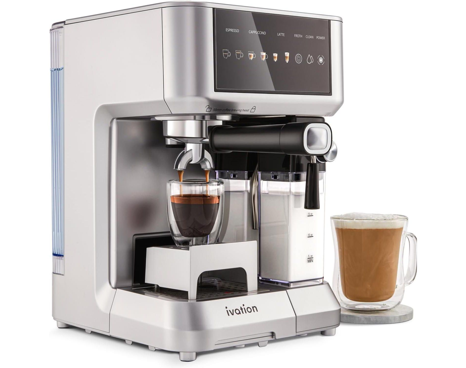 Ivation Espresso Cappuccino Latte Machine with Milk Frother, 58mm Portafilter, Auto Clean, Grey