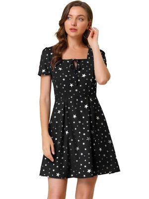 Allegra K Women's Printed Summer Casual Square Neck Short Sleeve Fit and Flare Dress