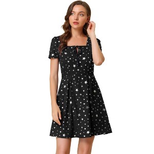Allegra K Women's Printed Summer Casual Square Neck Short Sleeve Fit and Flare Dress - 1 of 4