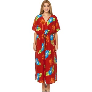 LA LEELA Women's House Daily Routine Evening Wear Holiday Casual Loungewear Loose Slit Dress Caftan Maxi House Sleep Shirt for Women 2X-3X Red, Floral