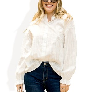 Anna-Kaci Women's Long Sleeve Button Down Blouse with Band Collar and Subtle Textured Stripe Design - 1 of 4