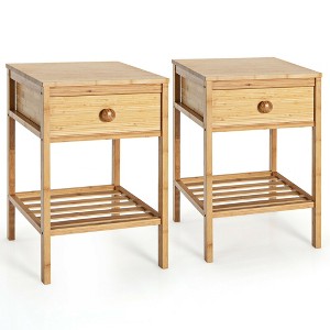 Costway 2PCS Bamboo Nightstand Natural Side End Table w/Drawer for Living Room Bedroom - 1 of 4