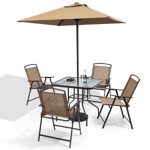 Crestlive Products 6 PCS Patio Dinning Set 4 Folding Chairs Square Tempered Glass Table and Umbrella Set - 1 of 4