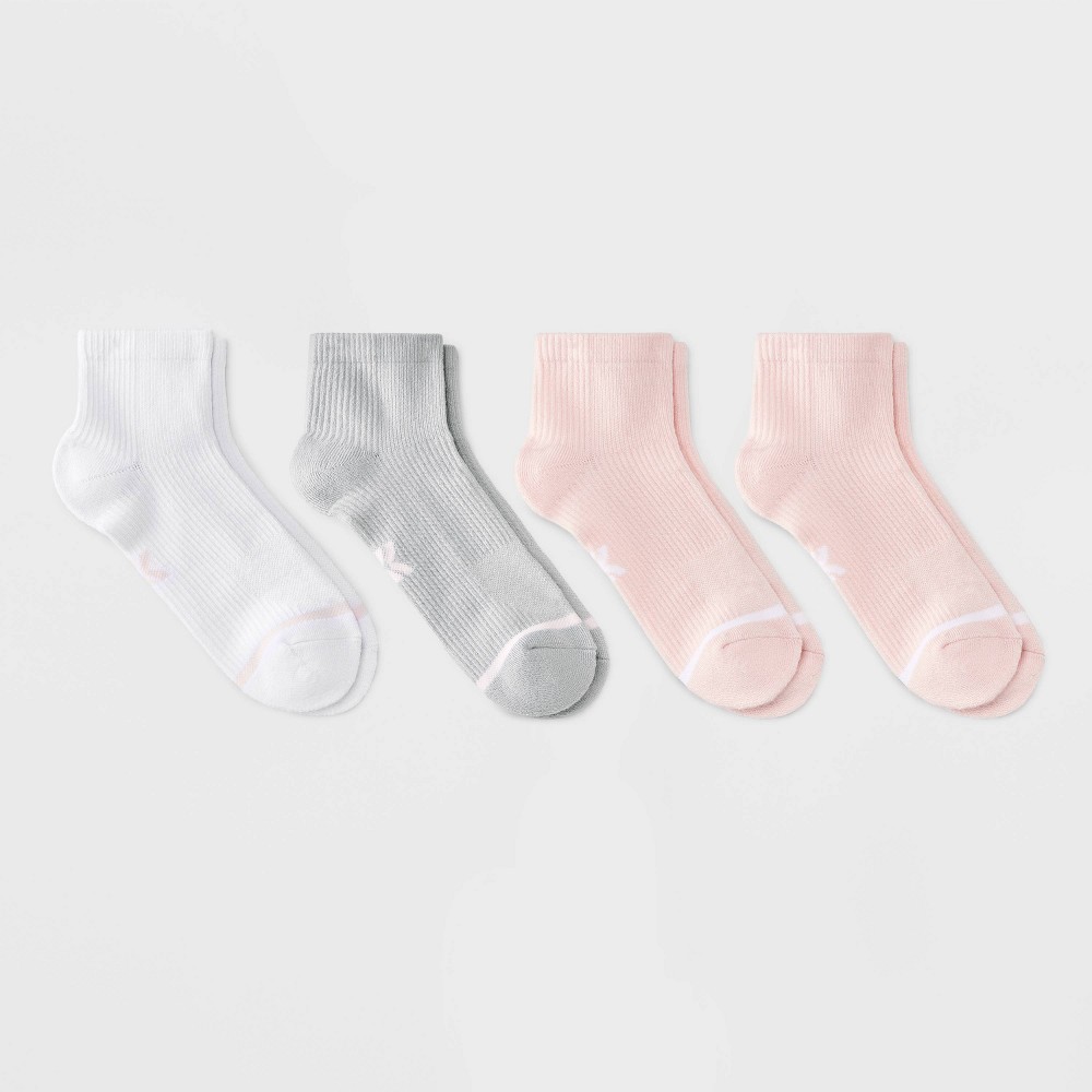 Women Cuhioned Textured Performance 4pk Athletic Ankle Sock - All In Motion White/Pink/Gray 4-10