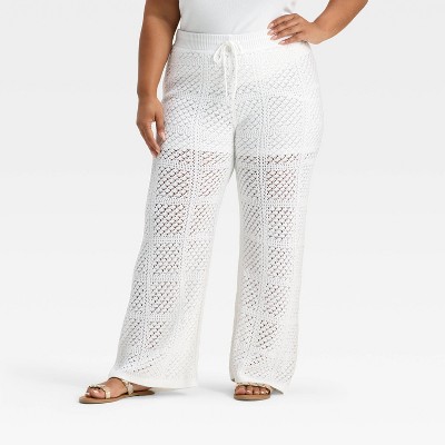 Women's Mid-Rise Wide Leg Openwork Pull-On Pants - Universal Thread™ White