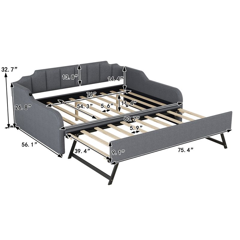Full Size Upholstery Daybed with Adjustable Trundle Bed and USB Port, Gray-ModernLuxe, 4 of 12