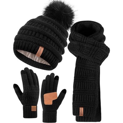 SENPUKI Womens Winter Beanie Scarf Gloves Set, Pom Pom Hat with Warm Fleece Lined Long Knit Scarf Touchscreen Gloves for Cold Weather