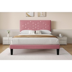 Bed Frames, Velvet Upholstered Bed Frame with Vertical Channel Tufted & Sturdy Wood Slats, Strong Wooden Slats/Platform Bed Frame Easy Assembly - 1 of 4