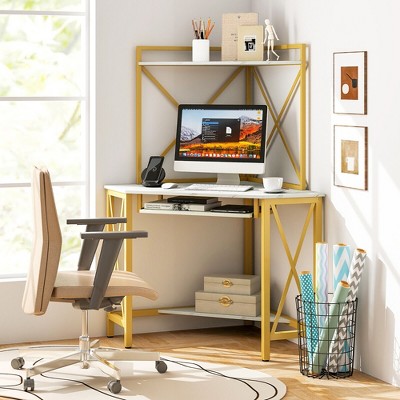 Tangkula Corner Desk With Keyboard Tray - 90° Triangle Computer Desk For Small Spaces, Industrial Writing Desk With Charging Station & Shelf - View #11