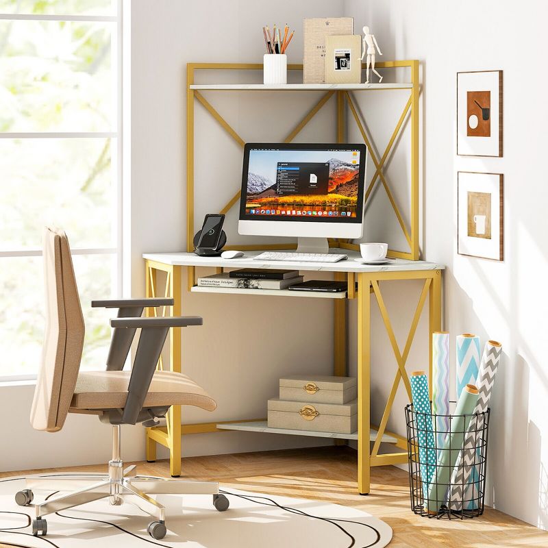 Tangkula Corner Desk Space-Saving Computer Desk w/ Shelves & Keyboard Tray White, 2 of 11