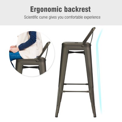 Gunmetal Industrial High Back Metal Bar Stools, Set of 4