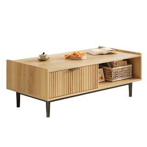 Vintage Farmhouse Coffee Table with Drawers, Coffee Table for Living Room, Rectangular MDF Storage Table with Shelf, Natural Oak - 1 of 4