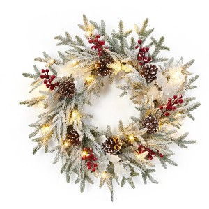 24 Inch Christmas Wreath for Front Door, Pre-Lit LED Lights Christmas Decor with Red Bow & Balls - 1 of 4