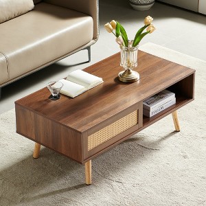 Zeus & Ruta 41.34" Rattan Coffee Table with Sliding Door Storage & Solid Wood Legs - 1 of 4