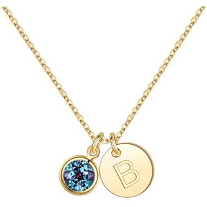 Personalized Birthstone Necklace 14K Gold Plated Initial Disc Jewelry Gift - 1 of 4