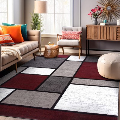 Red and Gray Geometric Low Pile Area Rug