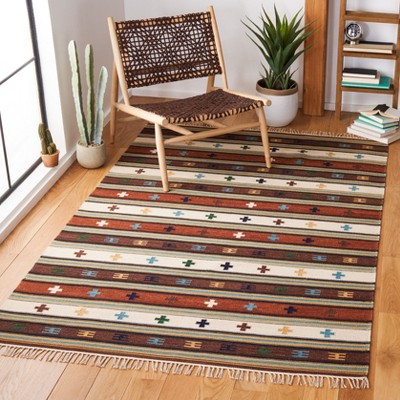 Ivory and Rust Wool Flat Woven Handmade Kilim Rug, 3' x 5'