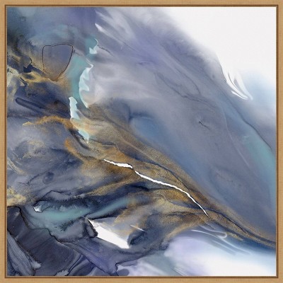 Water Wonder Abstract Blue and Gold Canvas Print with Maple Frame