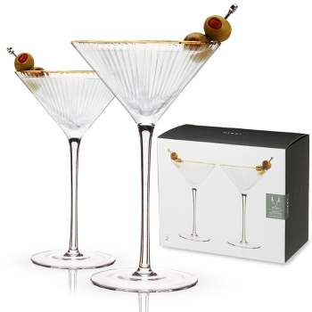 Viski Meridian Martini Glasses - Stemmed Fun Cocktail Glasses - Art Deco Ripple Gold Rimmed Crystal Glassware - 7.8oz Set of 2